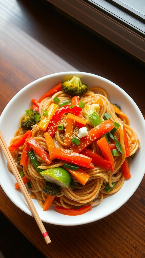 A colorful plate of stir-fried noodles with vegetables, garnished with green onions and sesame seeds.
